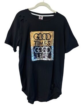 NWT Ravmen Tee Large Black Short Sleeve Sequins Graphic 'Good Times Good Life'